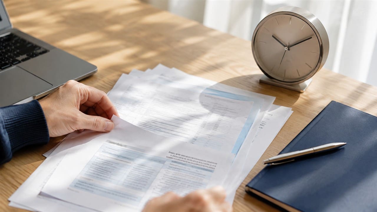 Vérification d’une déclaration fiscale et de justificatifs près d’une horloge.